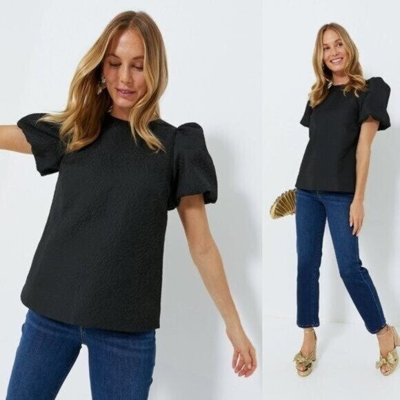 Pomander Place | NEW Black Jacquard Lyla Short Bubble Sleeve Blouse Size XS